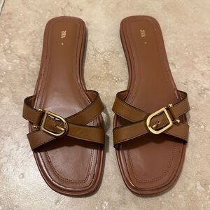 Zara Brown Leather Buckle Sandals